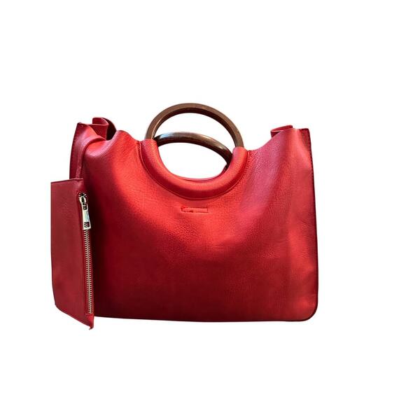 Red Wooden Handles Leather Handbag Stylish and Practical - Picture 1 of 10